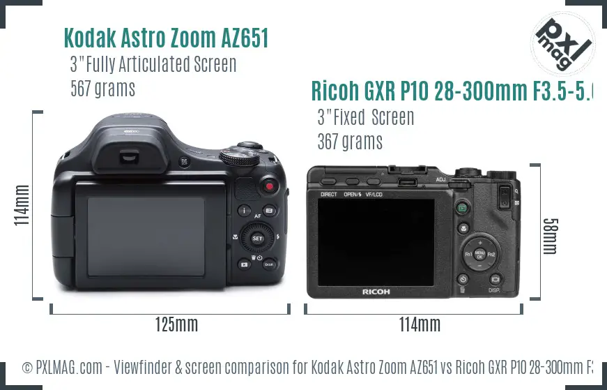 Kodak Astro Zoom AZ651 vs Ricoh GXR P10 28-300mm F3.5-5.6 VC Screen and Viewfinder comparison