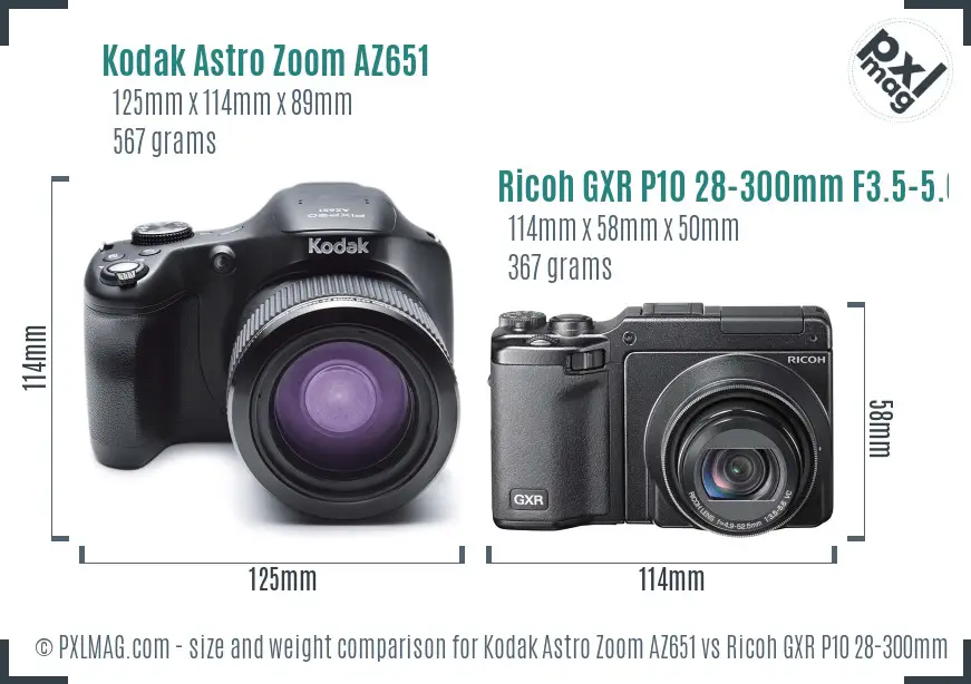 Kodak Astro Zoom AZ651 vs Ricoh GXR P10 28-300mm F3.5-5.6 VC size comparison