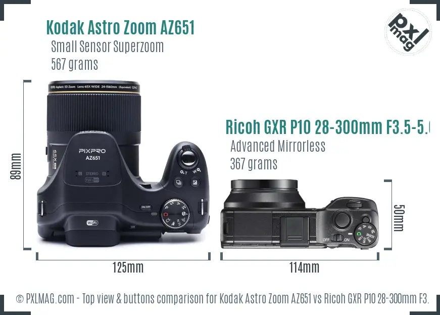 Kodak Astro Zoom AZ651 vs Ricoh GXR P10 28-300mm F3.5-5.6 VC top view buttons comparison