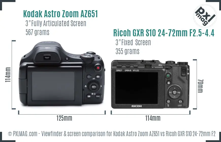 Kodak Astro Zoom AZ651 vs Ricoh GXR S10 24-72mm F2.5-4.4 VC Screen and Viewfinder comparison