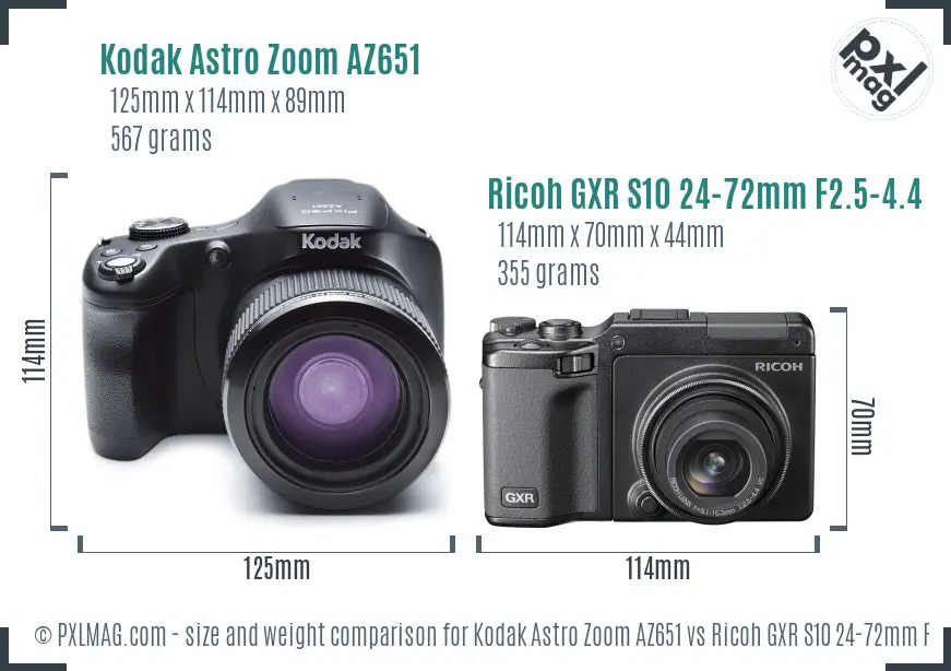 Kodak Astro Zoom AZ651 vs Ricoh GXR S10 24-72mm F2.5-4.4 VC size comparison