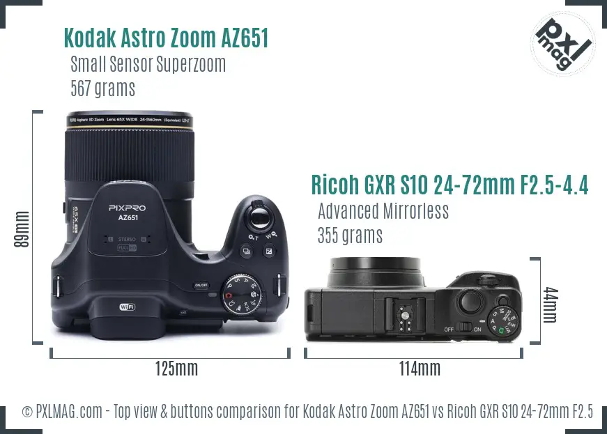Kodak Astro Zoom AZ651 vs Ricoh GXR S10 24-72mm F2.5-4.4 VC top view buttons comparison