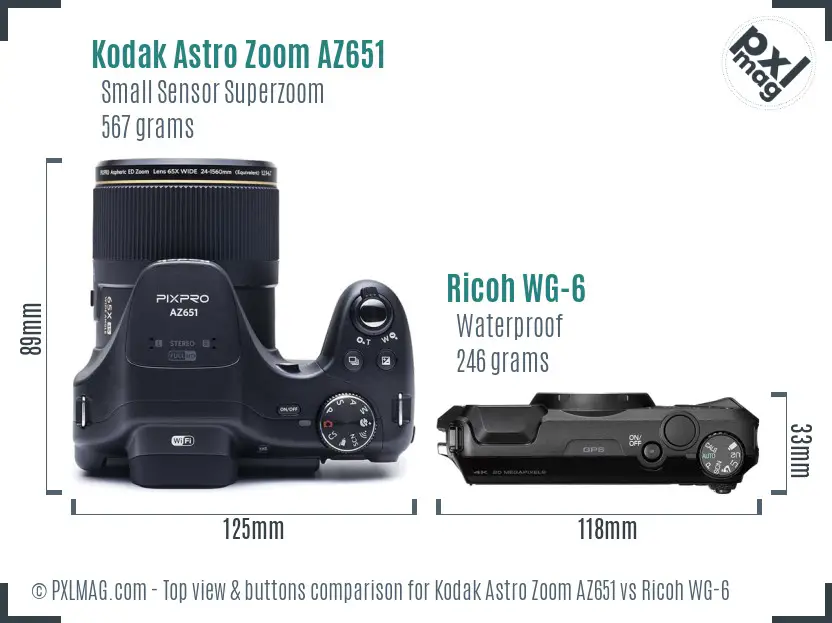 Kodak Astro Zoom AZ651 vs Ricoh WG-6 top view buttons comparison