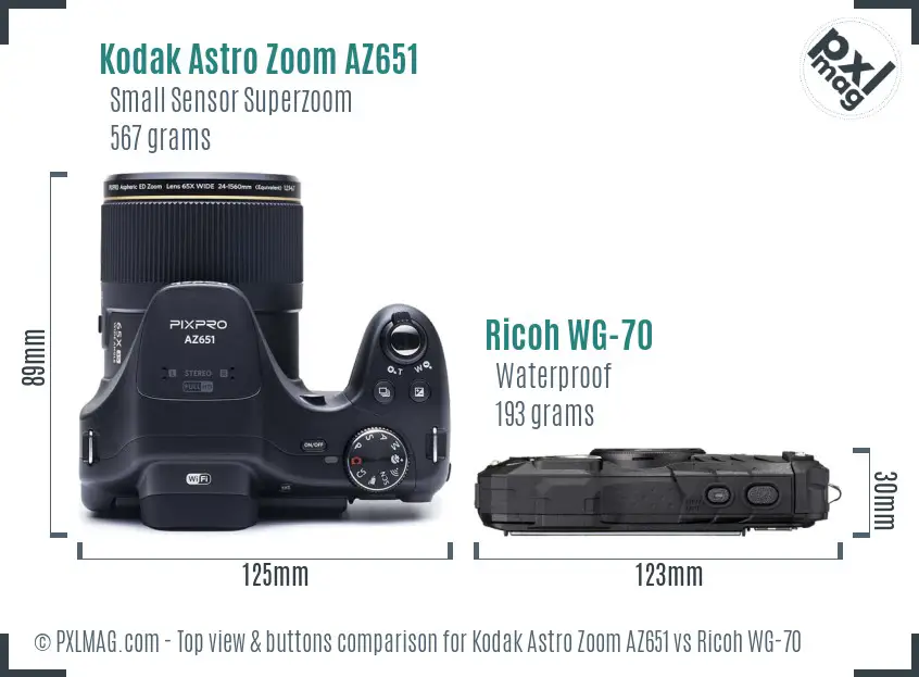 Kodak Astro Zoom AZ651 vs Ricoh WG-70 top view buttons comparison Kodak Astro Zoom AZ651 vs Ricoh WG-70 top view buttons comparison