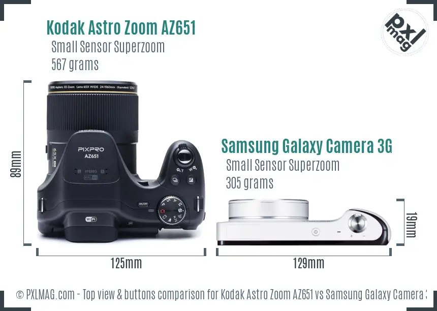 Kodak Astro Zoom AZ651 vs Samsung Galaxy Camera 3G top view buttons comparison Kodak Astro Zoom AZ651 vs Samsung Galaxy Camera 3G top view buttons comparison