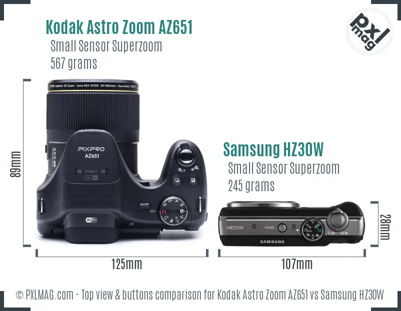 Kodak Astro Zoom AZ651 vs Samsung HZ30W top view buttons comparison