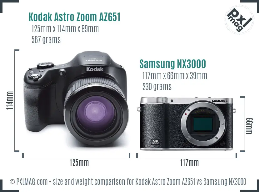 Kodak Astro Zoom AZ651 vs Samsung NX3000 size comparison