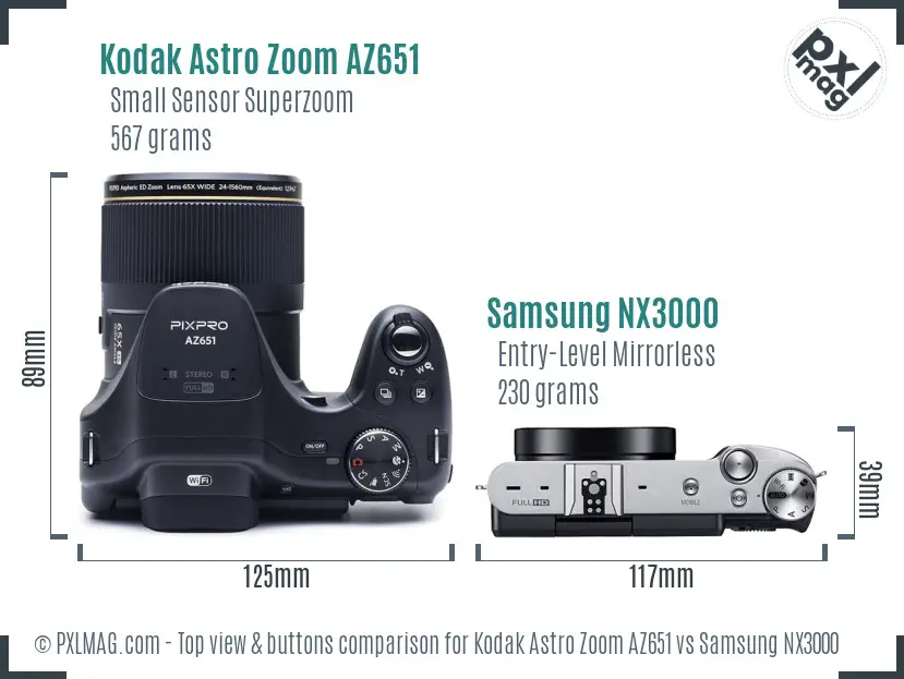 Kodak Astro Zoom AZ651 vs Samsung NX3000 top view buttons comparison