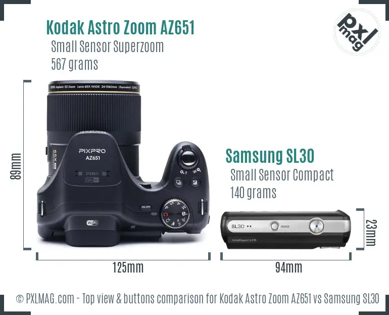 Kodak Astro Zoom AZ651 vs Samsung SL30 top view buttons comparison Kodak Astro Zoom AZ651 vs Samsung SL30 top view buttons comparison