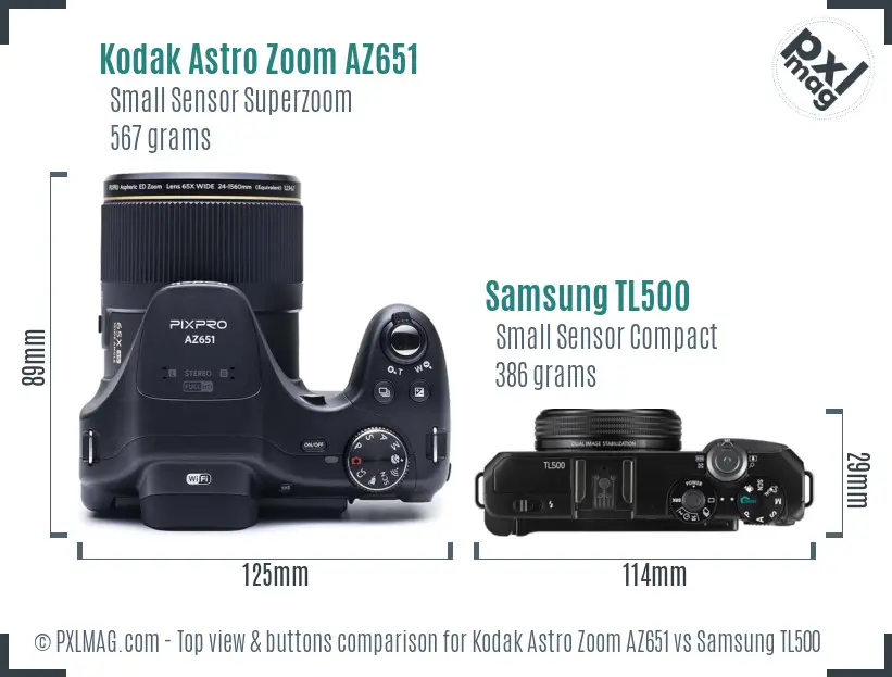 Kodak Astro Zoom AZ651 vs Samsung TL500 top view buttons comparison Kodak Astro Zoom AZ651 vs Samsung TL500 top view buttons comparison