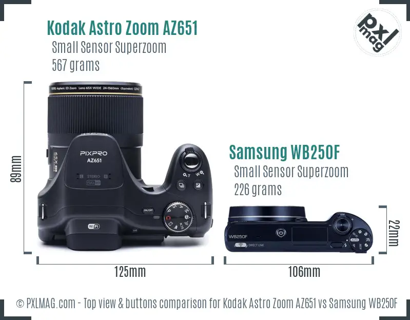 Kodak Astro Zoom AZ651 vs Samsung WB250F top view buttons comparison