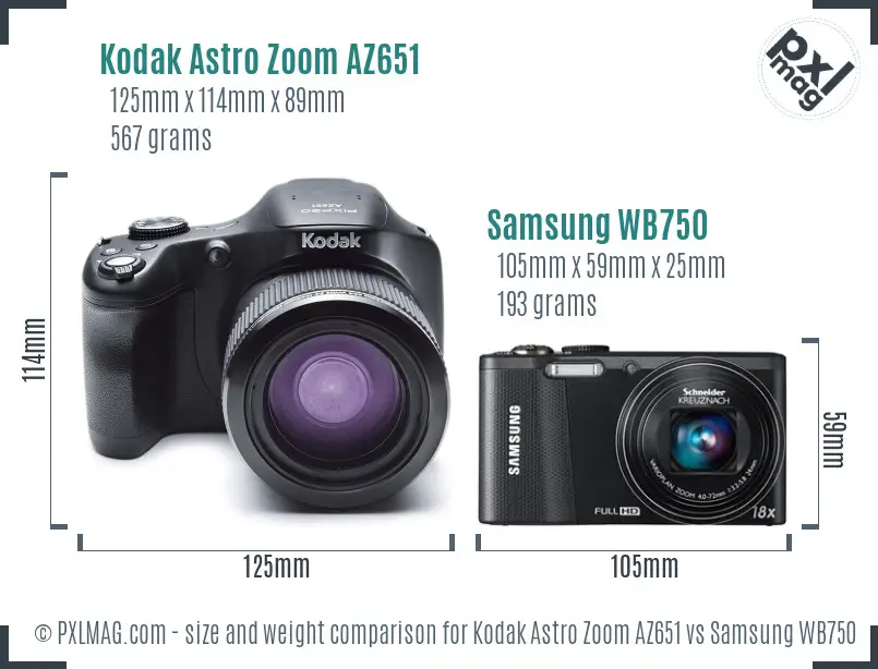 Kodak Astro Zoom AZ651 vs Samsung WB750 size comparison