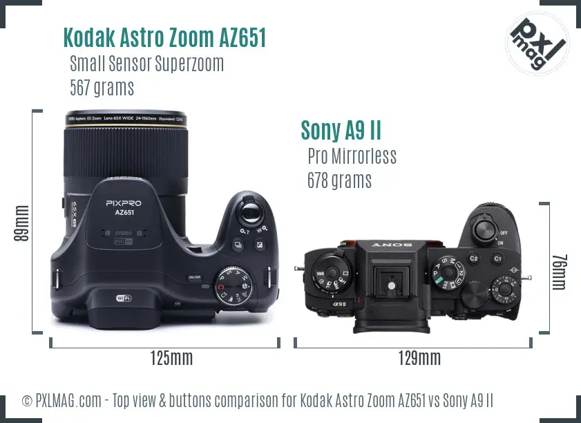 Kodak Astro Zoom AZ651 vs Sony A9 II top view buttons comparison Kodak Astro Zoom AZ651 vs Sony A9 II top view buttons comparison
