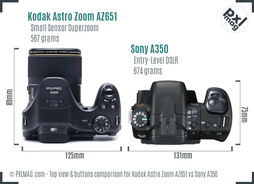 Kodak Astro Zoom AZ651 vs Sony A350 top view buttons comparison Kodak Astro Zoom AZ651 vs Sony A350 top view buttons comparison