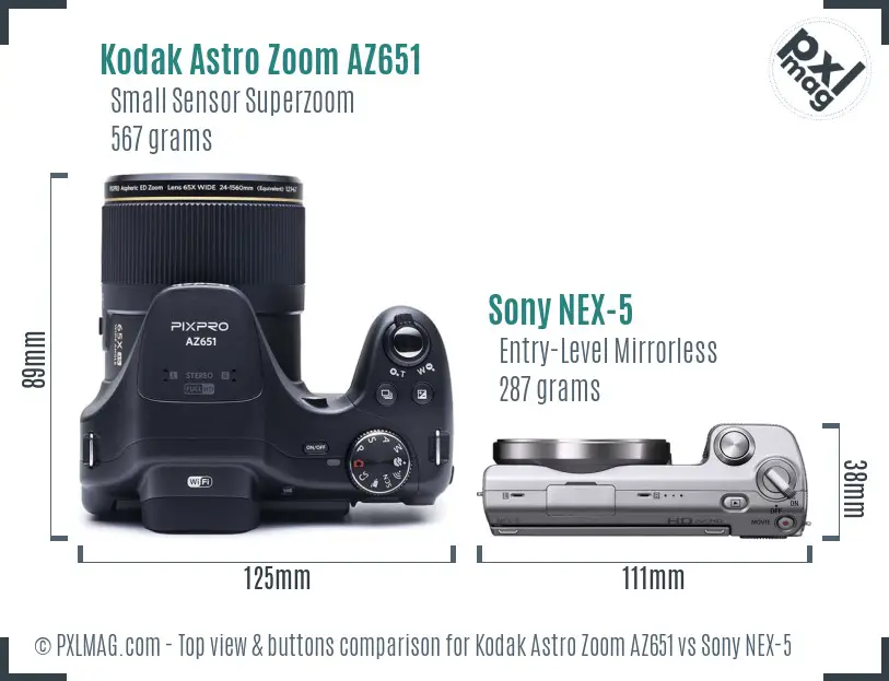 Kodak Astro Zoom AZ651 vs Sony NEX-5 top view buttons comparison Kodak Astro Zoom AZ651 vs Sony NEX-5 top view buttons comparison