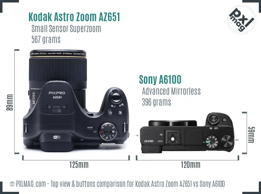 Kodak Astro Zoom AZ651 vs Sony A6100 top view buttons comparison Kodak Astro Zoom AZ651 vs Sony A6100 top view buttons comparison