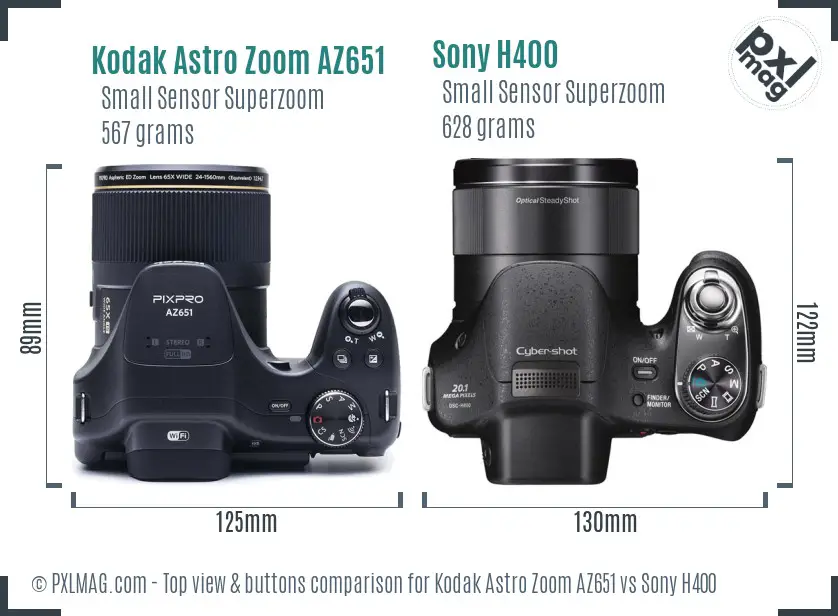 Kodak Astro Zoom AZ651 vs Sony H400 top view buttons comparison Kodak Astro Zoom AZ651 vs Sony H400 top view buttons comparison