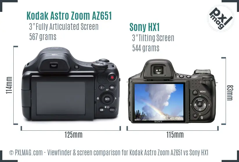 Kodak Astro Zoom AZ651 vs Sony HX1 Screen and Viewfinder comparison