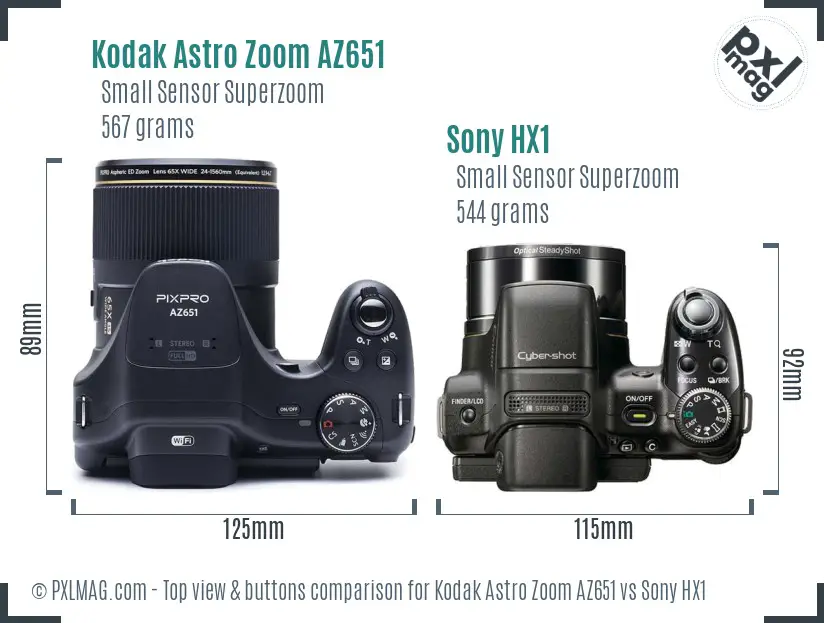 Kodak Astro Zoom AZ651 vs Sony HX1 top view buttons comparison