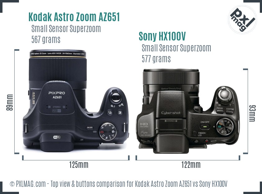 Kodak Astro Zoom AZ651 vs Sony HX100V top view buttons comparison