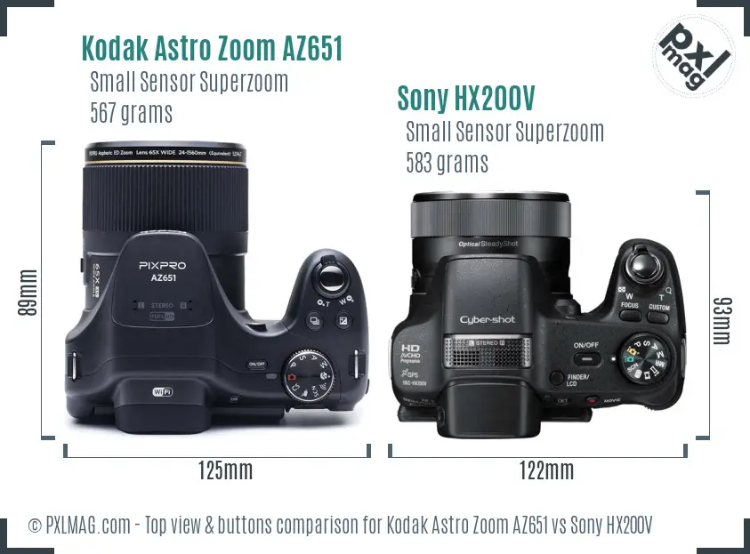 Kodak Astro Zoom AZ651 vs Sony HX200V top view buttons comparison