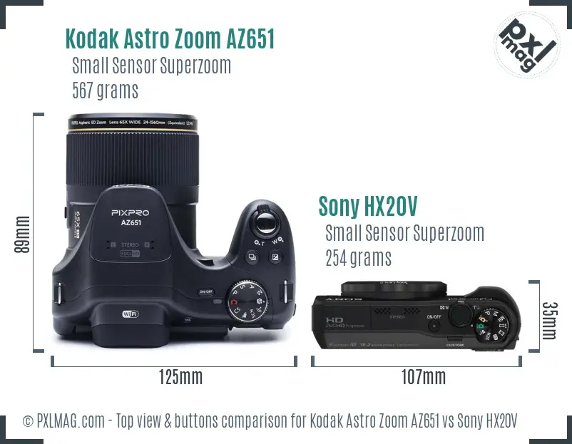 Kodak Astro Zoom AZ651 vs Sony HX20V top view buttons comparison