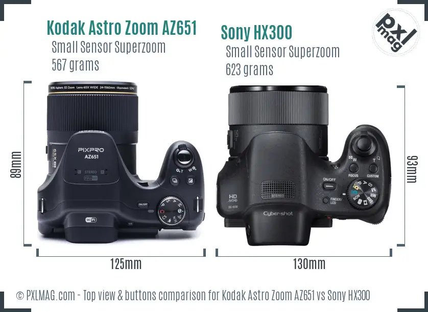 Kodak Astro Zoom AZ651 vs Sony HX300 top view buttons comparison
