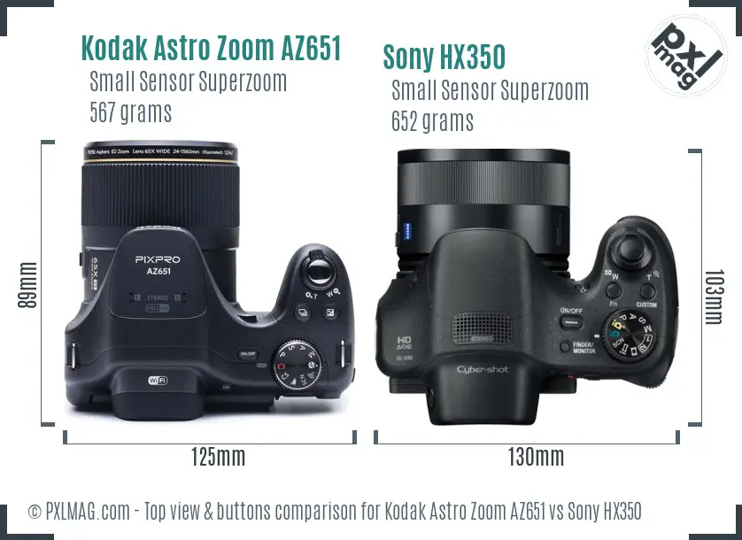 Kodak Astro Zoom AZ651 vs Sony HX350 top view buttons comparison
