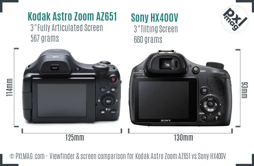 Kodak Astro Zoom AZ651 vs Sony HX400V Screen and Viewfinder comparison