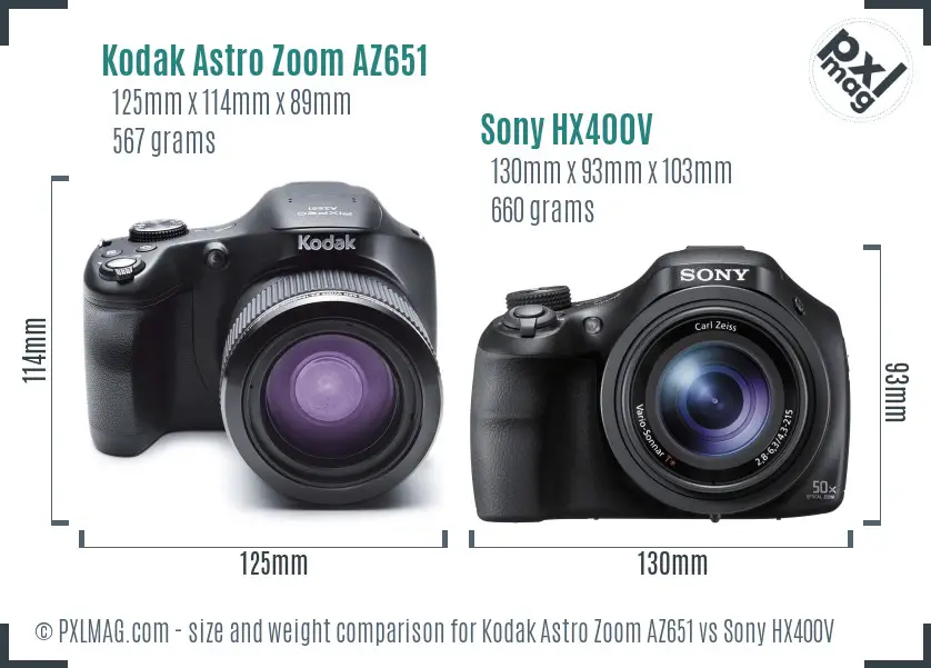 Kodak Astro Zoom AZ651 vs Sony HX400V size comparison