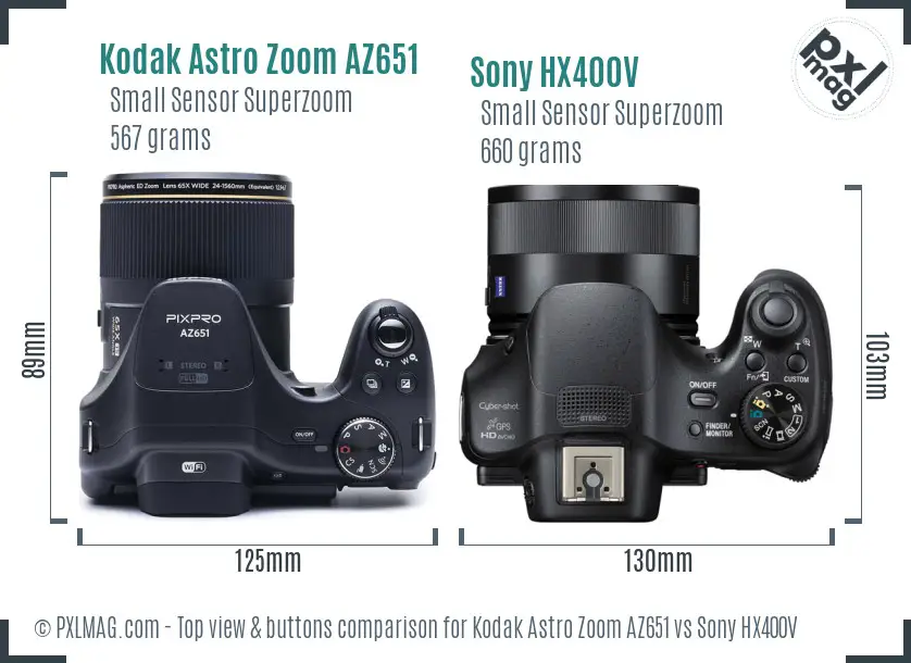 Kodak Astro Zoom AZ651 vs Sony HX400V top view buttons comparison