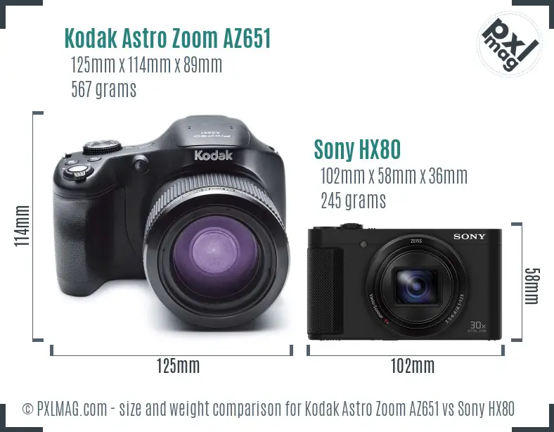 Kodak Astro Zoom AZ651 vs Sony HX80 size comparison