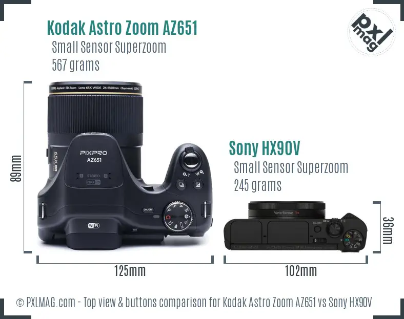 Kodak Astro Zoom AZ651 vs Sony HX90V top view buttons comparison Kodak Astro Zoom AZ651 vs Sony HX90V top view buttons comparison