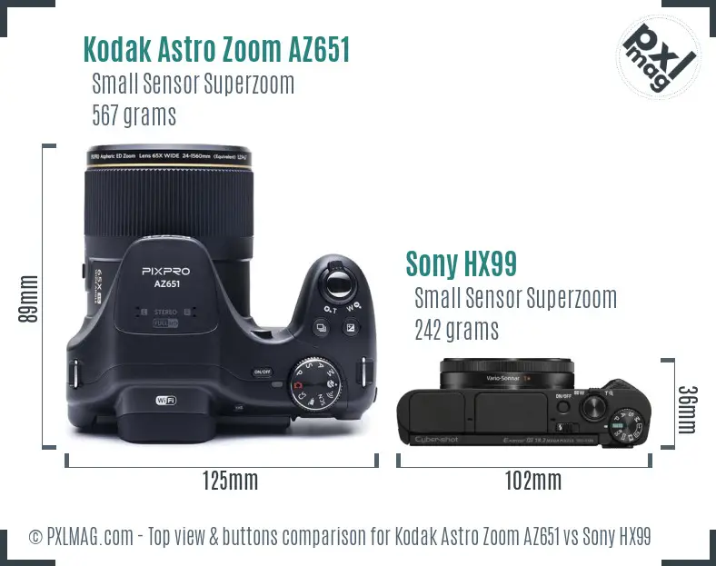 Kodak Astro Zoom AZ651 vs Sony HX99 top view buttons comparison