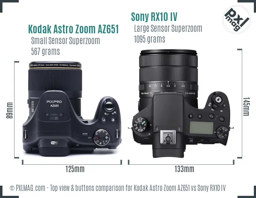 Kodak Astro Zoom AZ651 vs Sony RX10 IV top view buttons comparison