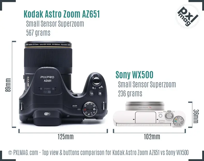 Kodak Astro Zoom AZ651 vs Sony WX500 top view buttons comparison Kodak Astro Zoom AZ651 vs Sony WX500 top view buttons comparison