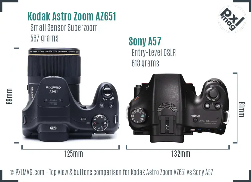 Kodak Astro Zoom AZ651 vs Sony A57 top view buttons comparison Kodak Astro Zoom AZ651 vs Sony A57 top view buttons comparison