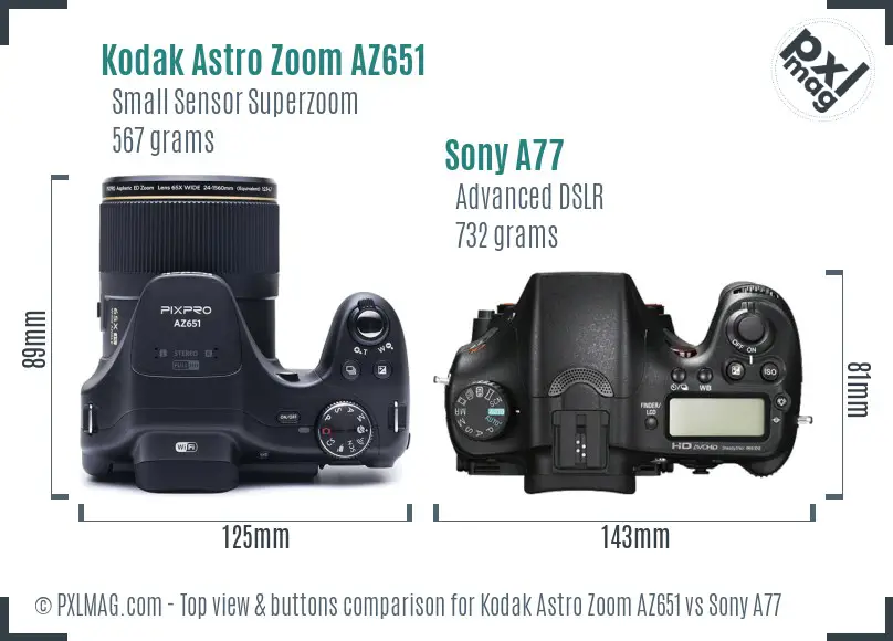 Kodak Astro Zoom AZ651 vs Sony A77 top view buttons comparison