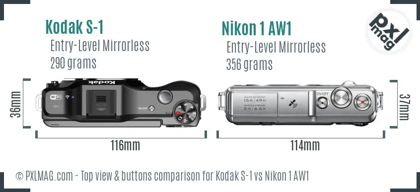 Kodak S-1 vs Nikon 1 AW1 top view buttons comparison