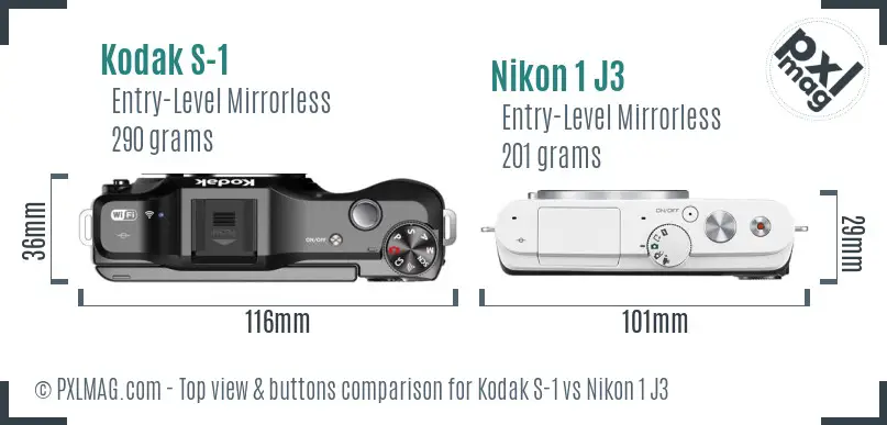 Kodak S-1 vs Nikon 1 J3 top view buttons comparison Kodak S-1 vs Nikon 1 J3 top view buttons comparison