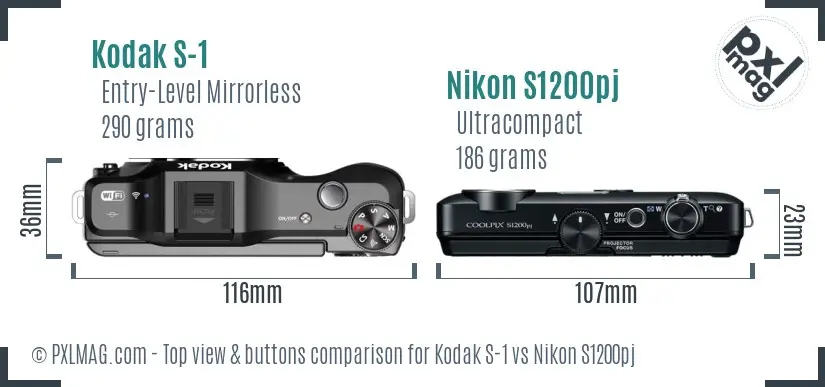 Kodak S-1 vs Nikon S1200pj top view buttons comparison
