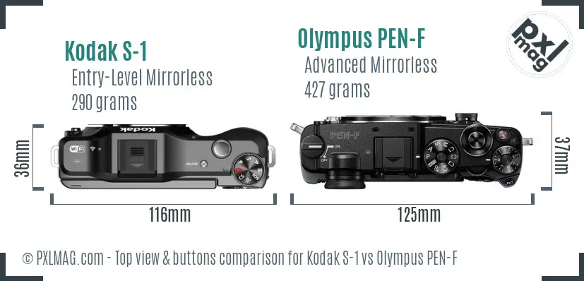 Kodak S-1 vs Olympus PEN-F top view buttons comparison