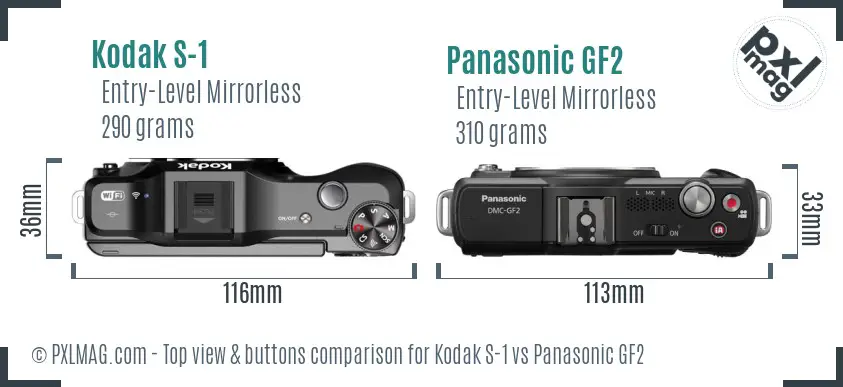 Kodak S-1 vs Panasonic GF2 top view buttons comparison Kodak S-1 vs Panasonic GF2 top view buttons comparison