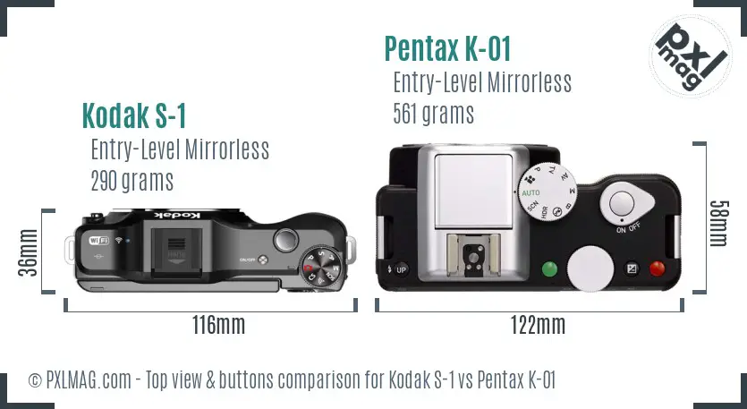 Kodak S-1 vs Pentax K-01 top view buttons comparison