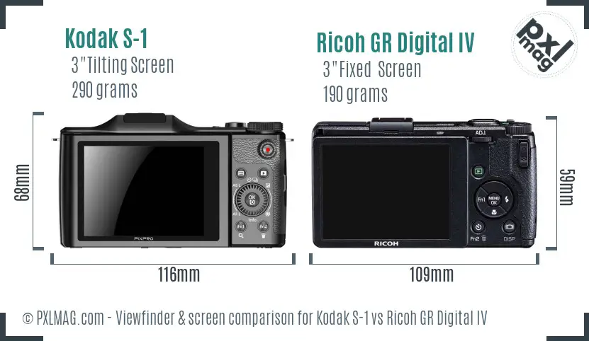 Kodak S-1 vs Ricoh GR Digital IV Screen and Viewfinder comparison