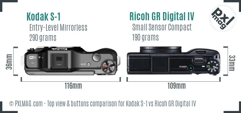 Kodak S-1 vs Ricoh GR Digital IV top view buttons comparison