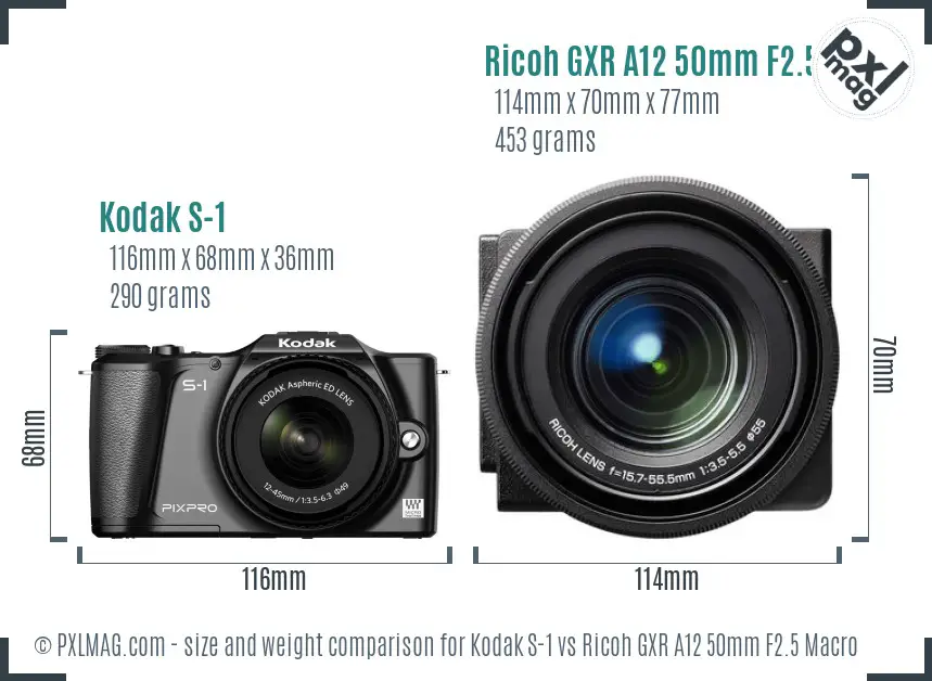 Kodak S-1 vs Ricoh GXR A12 50mm F2.5 Macro size comparison