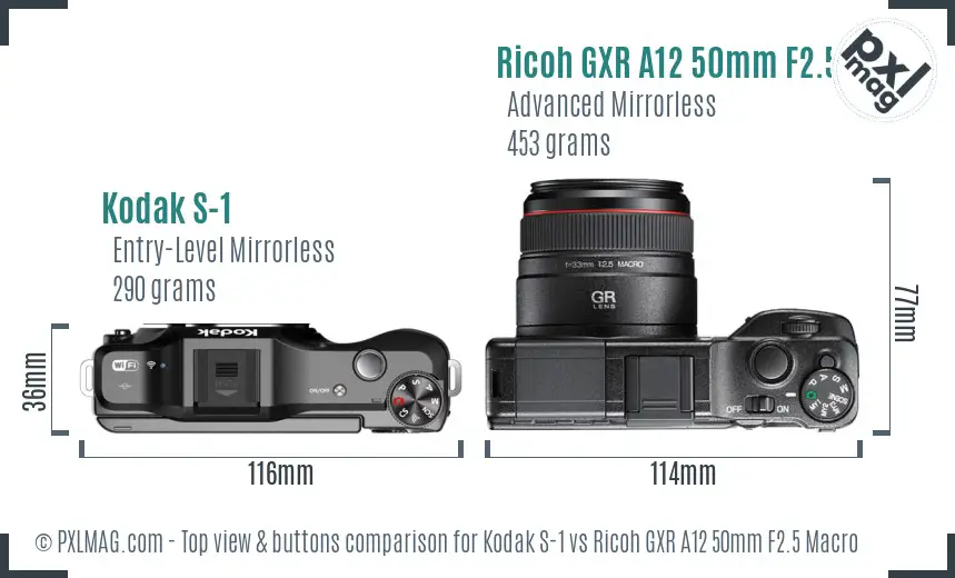 Kodak S-1 vs Ricoh GXR A12 50mm F2.5 Macro top view buttons comparison