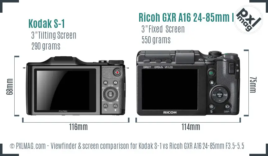 Kodak S-1 vs Ricoh GXR A16 24-85mm F3.5-5.5 Screen and Viewfinder comparison