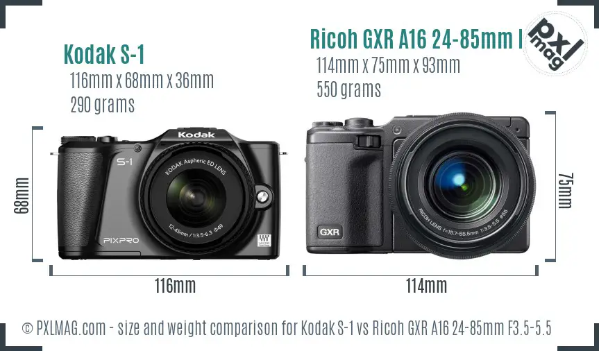 Kodak S-1 vs Ricoh GXR A16 24-85mm F3.5-5.5 size comparison